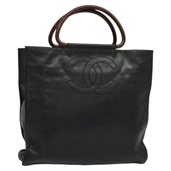 CHANEL COCO Mark Hand Bag Calf Skin Black Gold CC Auth 119391 - Picture 2 of 15